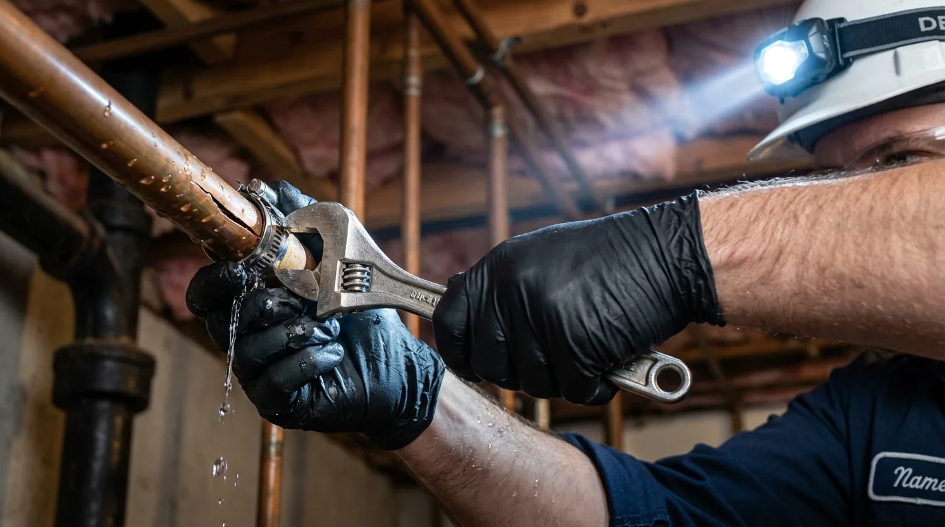 Emergency pipe clamp repair being performed by a Johns Plumbing LLC plumber in Greencastle