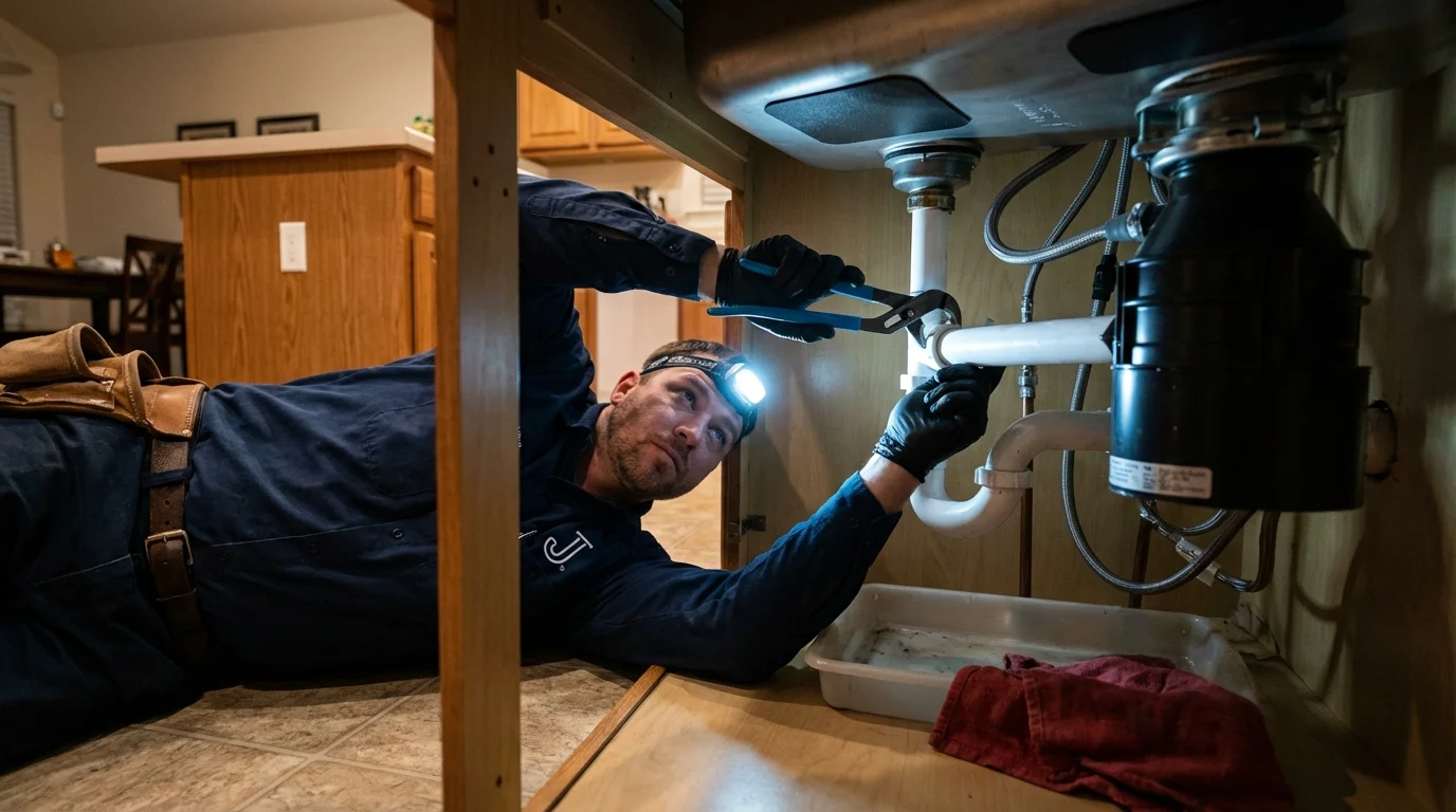 P-trap and supply line connections under a kitchen sink showing a common leak point in Greencastle, PA